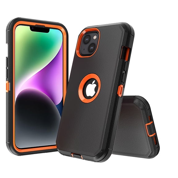 Hotpom for iPhone 14 Plus Case Slim Shockproof Dust/ Drop Proof Full Body Protection Anti-Fingerprint Women Men universal Phone Cover, Black/Orange