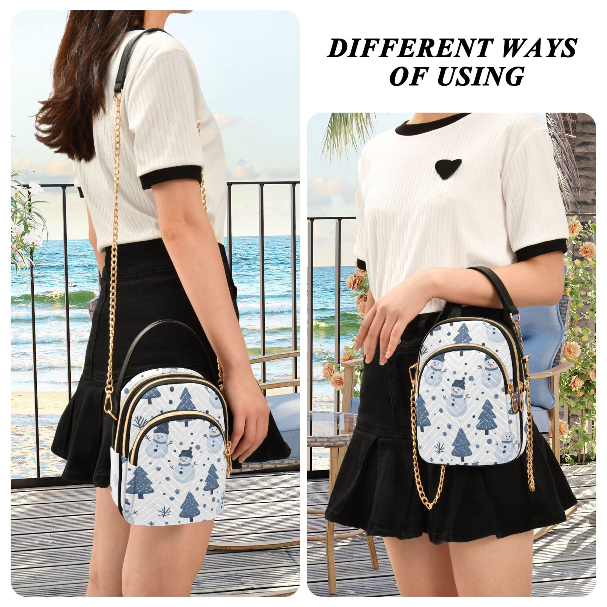 FORMRS Crossbody Bag for Women Quilted Travel Shoulder Cell Phone Purse with Chain Strap Handbag, Blue Cute Snowmen