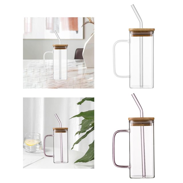 Square Mug,Glass Mug Square 400ml Drinking Glass Cups,Cup with Lids and Straws Handle,Drinking Glass Bottle Transparent Drinkware,Heat Resistant clear Teacup Reusable,Juice Beverage B Macarena Taza cuadrada