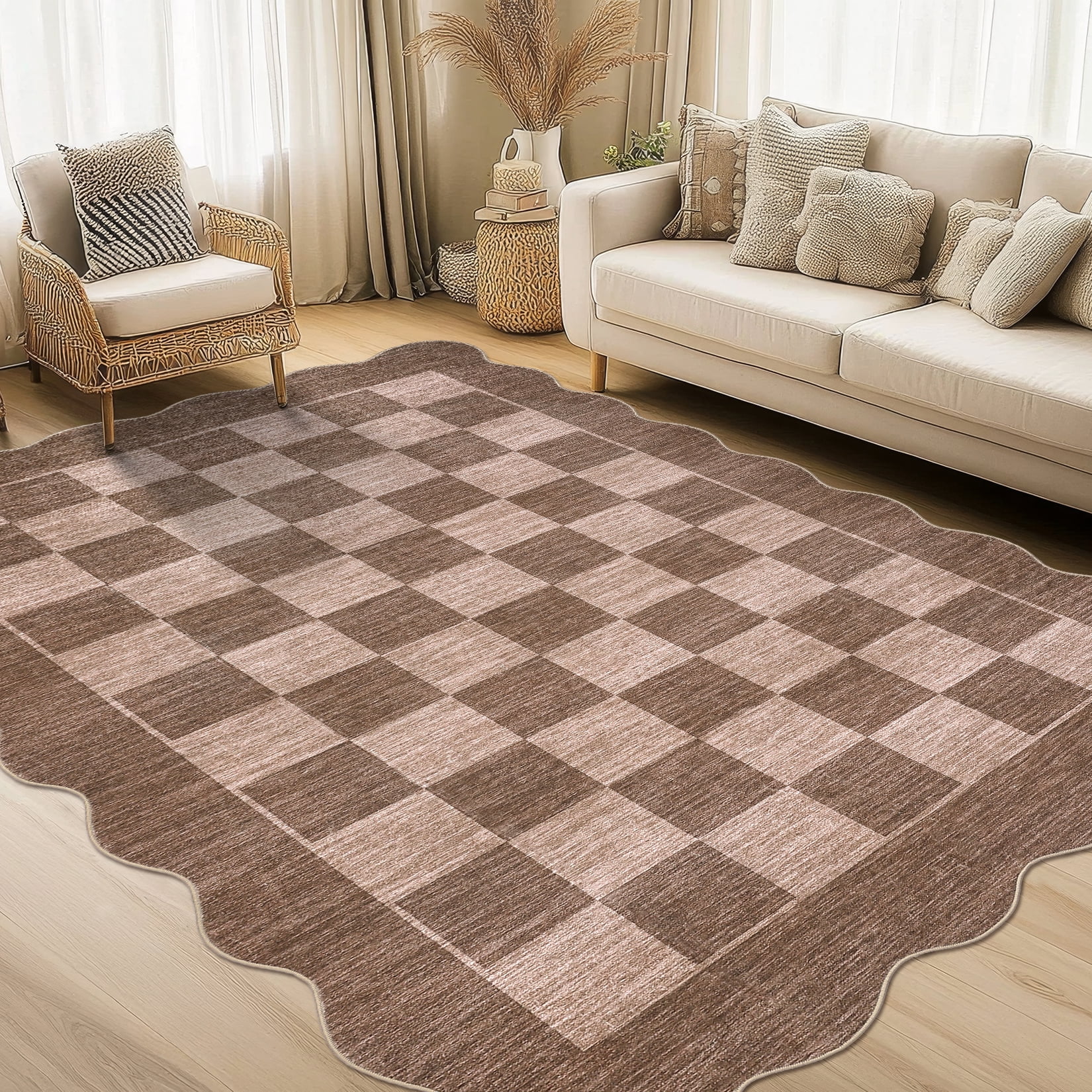 Garvee 9'x12' Scalloped Area Rugs Modern Checkered Carpet, Washable Non-Slip Rug Contemporary Floor Mats for Living Room Bedroom Dining Room, Brown