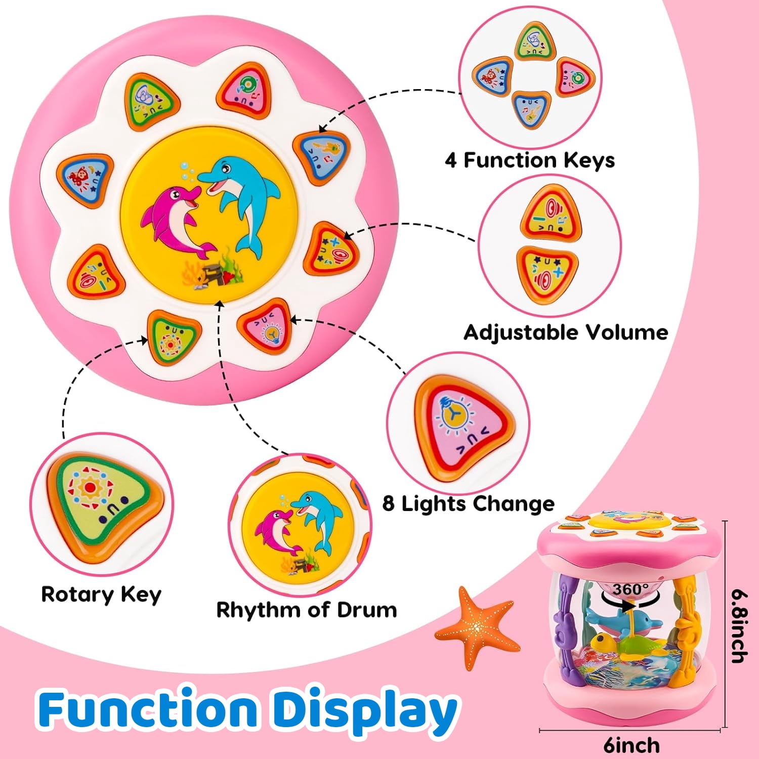 LieGorJi Babies Ocean Rotating Musical Toys, Infant Crawling Tummy Time Toys, Learning Musical Toy, Birthday Gifts for 1-3 3-5 5-8 Year Old (pink)