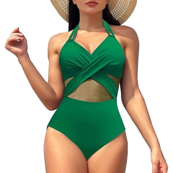 Maillot de Bain une Pièce pour Femme Aguichant à Col en V en Maille, Contrôle du Ventre, Taille Haute, Monokini, Grande Taille