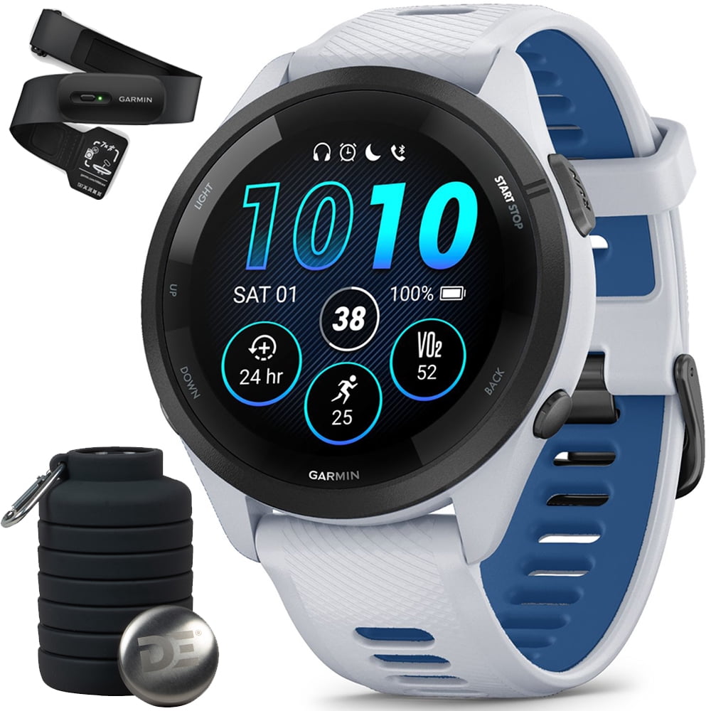 Garmin 010-02810-01 Forerunner 265 GPS Smartwatch Whitestone/Tidal Blue Bundle with Garmin Heart Rate Monitor Accurate Heart Rate & HRV Data Strap M-XL and Deco Essentials Collapsable Water Bottle