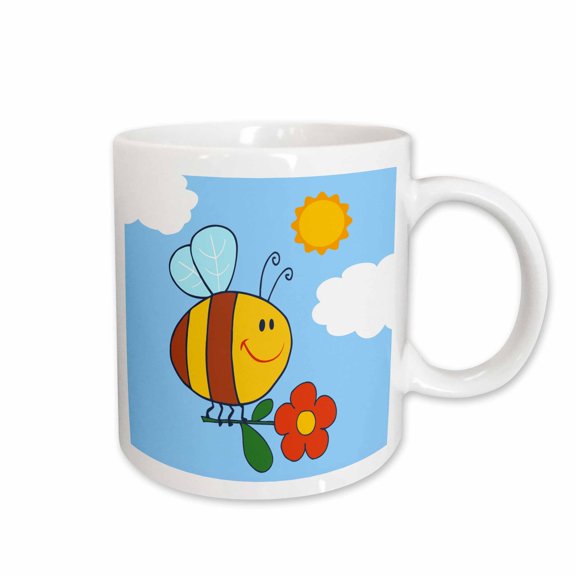3drose, Cute Honey Bee Holding Flower Happy Summer Cartoon Nature Design, 11oz Mug