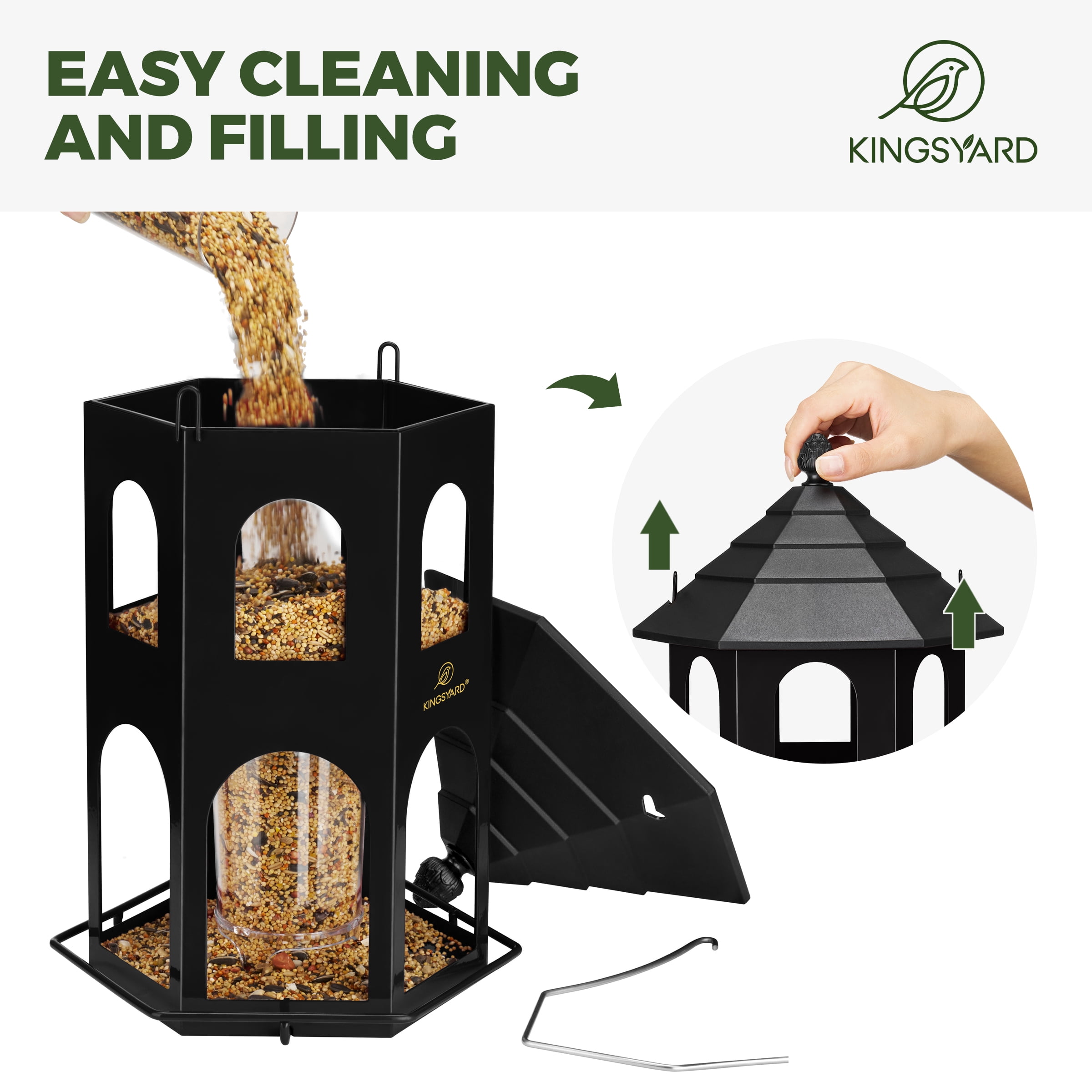 Kingsyard Hopper Wild Bird Feeder for Outdoor Hanging, 4 lbs Large Seed Feeding Metal House, Black