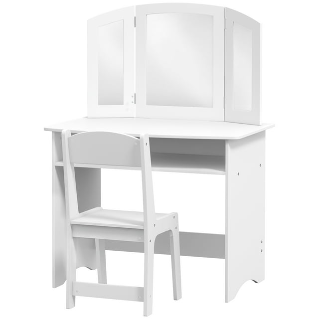 Qaba 2 in 1 Kids Vanity Set Makeup Dressing Table Pretend Play Set with Tri-Folding Mirror, Stool, Storage Shelf