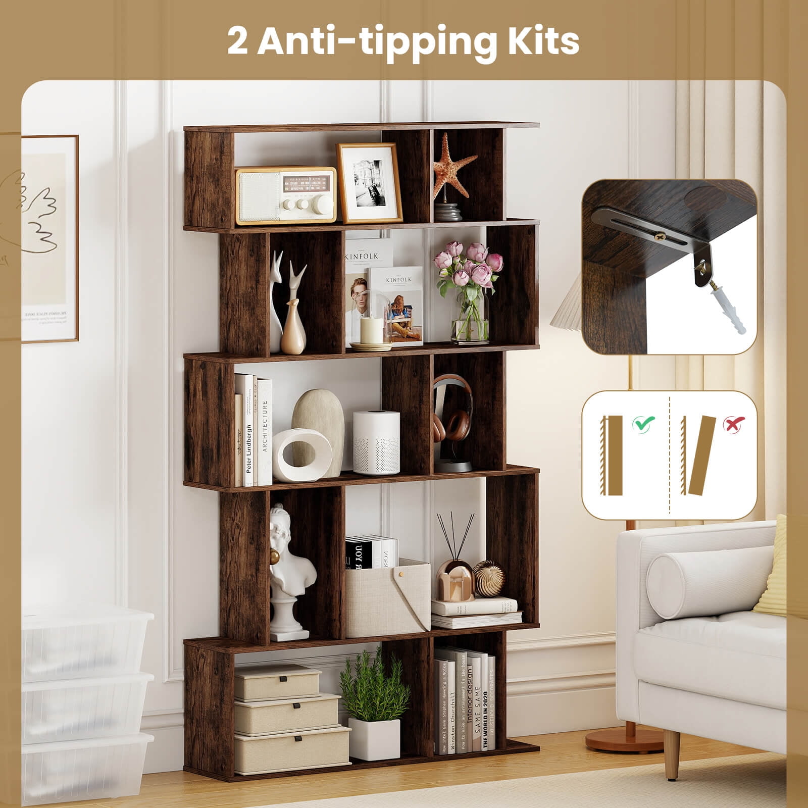 Costway 2 PCS 5-Tier Geometric Bookshelf with Open Shelves Closed-back Cubes for Living Room Rustic Brown
