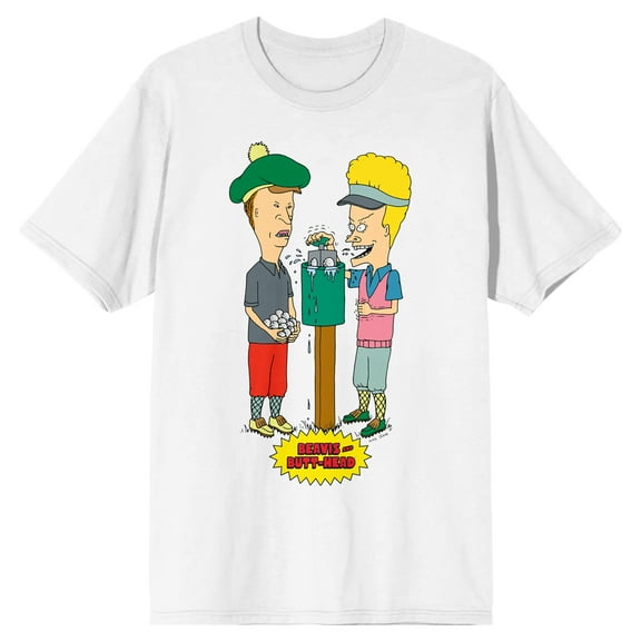 Beavis & Butthead Characters In Golf Gear Crew Neck Short Sleeve Men's White T-shirt-Medium