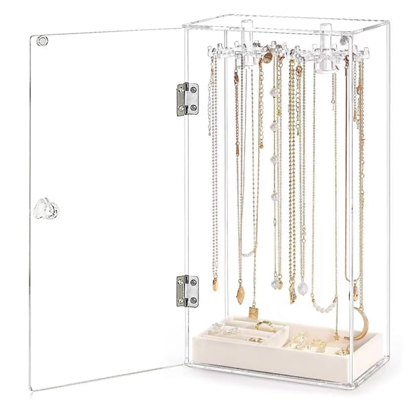 Organizador de Collares,Soporte de Collar de Acrílico para Hombres y Mujeres,Joyero Giratorio Transparente con Bandeja de Terciopelo Beige para Guardar Anillos, Pulseras y Collares.(24 ganchos)