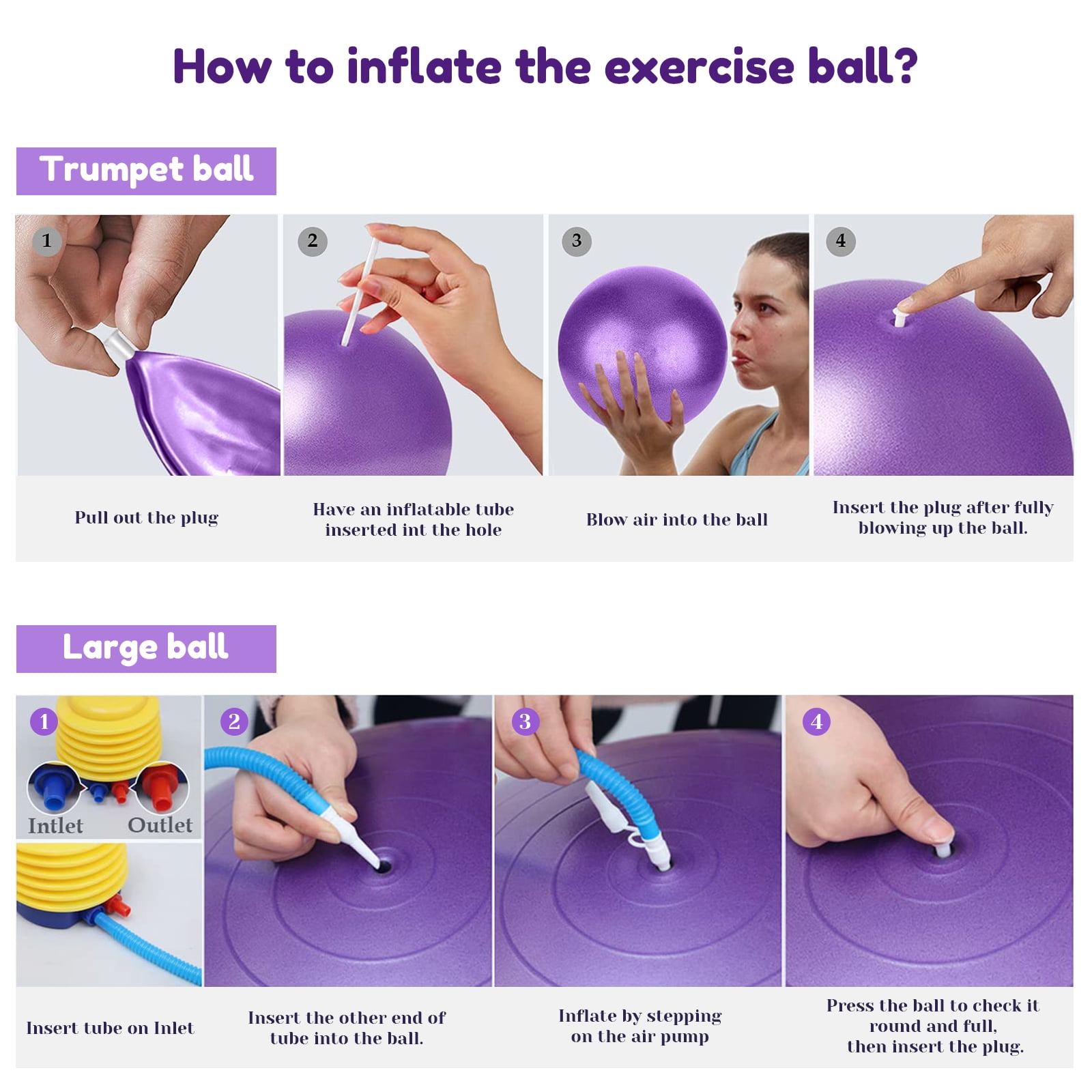 Lockways Yoga Ball, 2Pcs Anti Burst Exercise Ball for Fitness, Physical Therapy, Thick Heavy Duty Pilates Ball with Pump for Office, Home, Gym, Purple, 2 Sizes, 25.6 inch & 9 inch