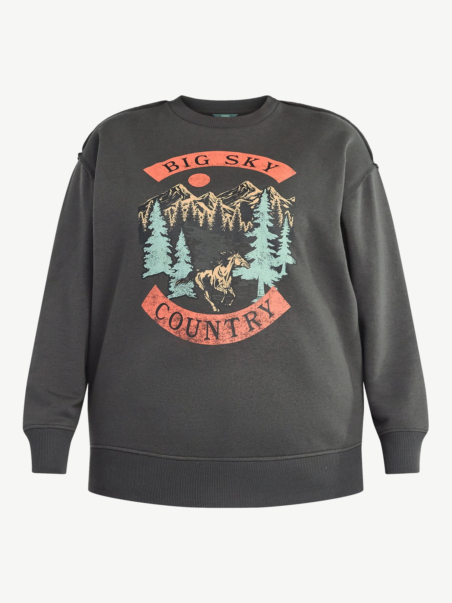 Terra & Sky Women's Plus Size Big Sky Midwest Graphic Sweatshirt with Long Sleeves, Sizes 0X-4X