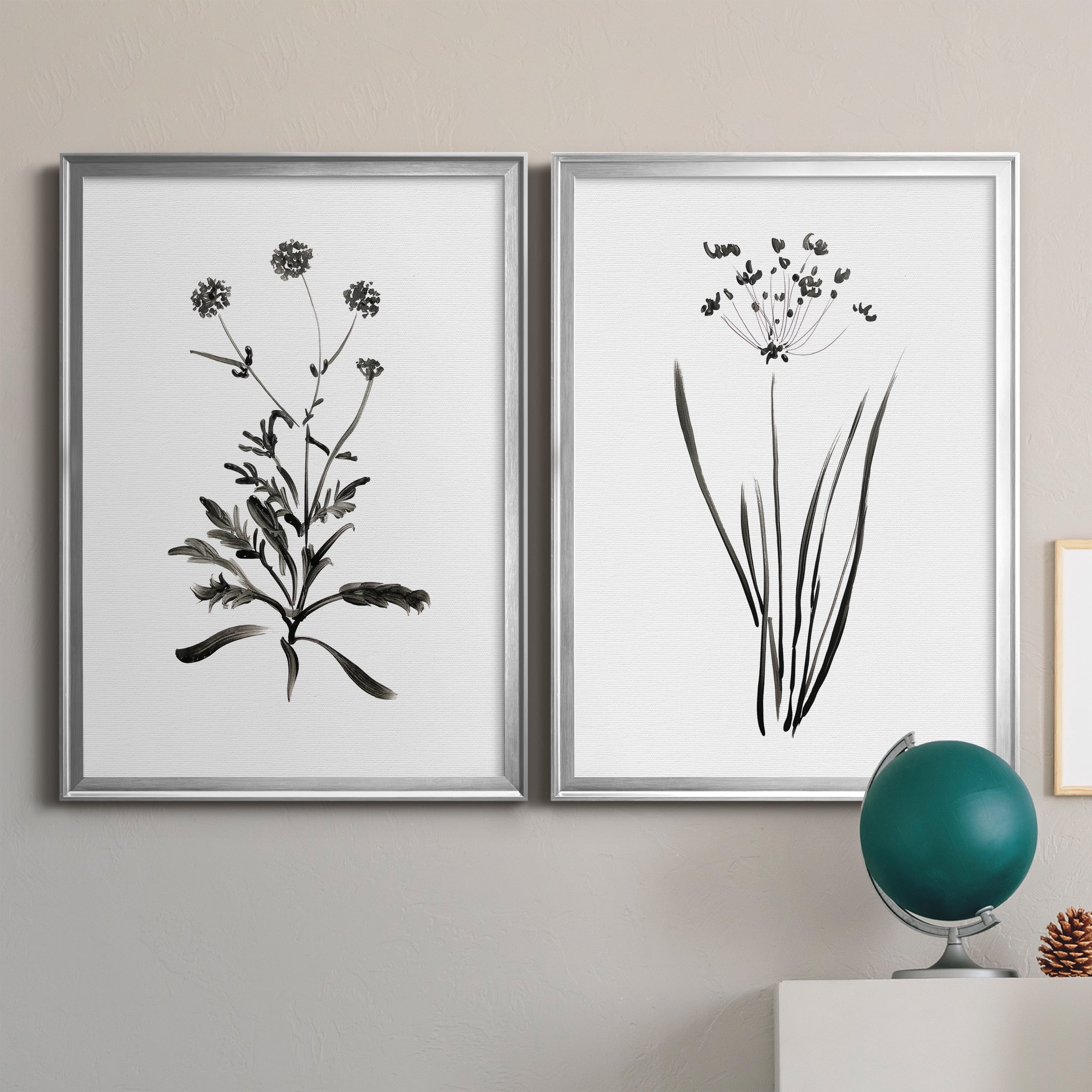 2 Piece Set Inky Botanical I Premium Framed Canvas - Ready to Hang - 26.5 x 36.5 Each - Silver Frame