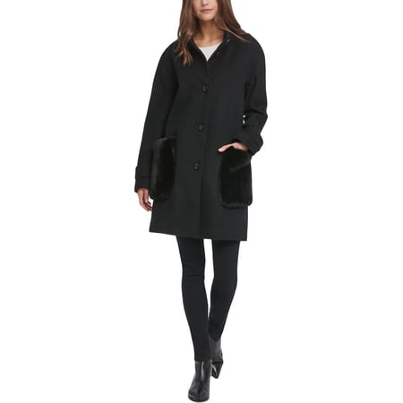 DKNY Womens Wool Blend Faux Fur Trim Coat Black L