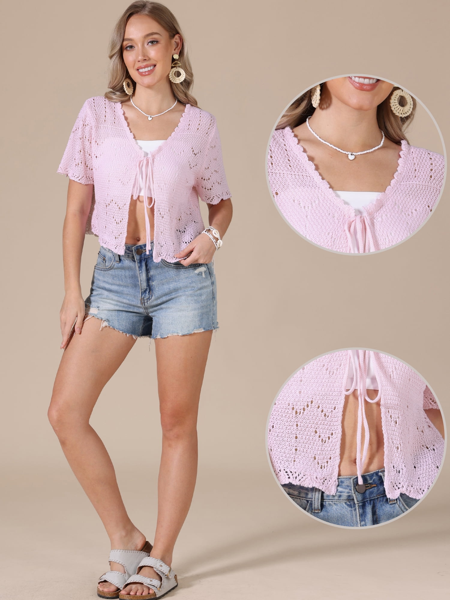 DARING DIVA Women's Crochet Cardigan Tie Front Go Out Short Sleeve Crop Shrug XL Pink