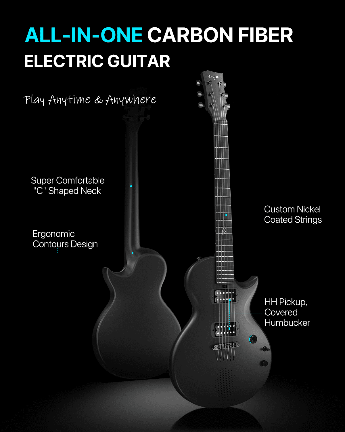 Enya Electric Guitar Nova Go Sonic Smart Electric Carbon Fiber Guitarra with 10W Wireless Speaker, Onboard Presets, Charging Cable, Adjusting Wrench, and Gig Bag