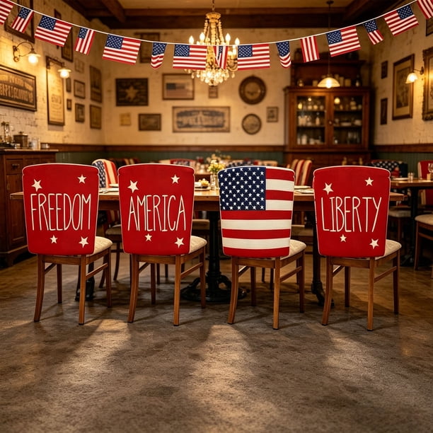 YiJuHui Independence Day Chair Covers Set of 4, Patriotic Memorial Day 4th of July Decorations for Home Kitchen Dining Party, Reusable Polyester Holiday Chair Back Covers, Flag Theme Party Supplies