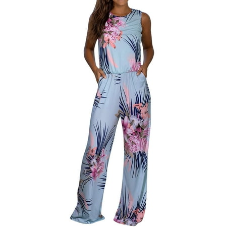 

Women Loose Sleeveless Floral Print Rompers High Waist Long Jumpsuit