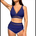 thumbnail image 2 of Bikini de Cintura Alta de para Mujer, Traje de Baño con Cuello en V y Control de Abdomen. Azul Marino XXL, 2 of 7