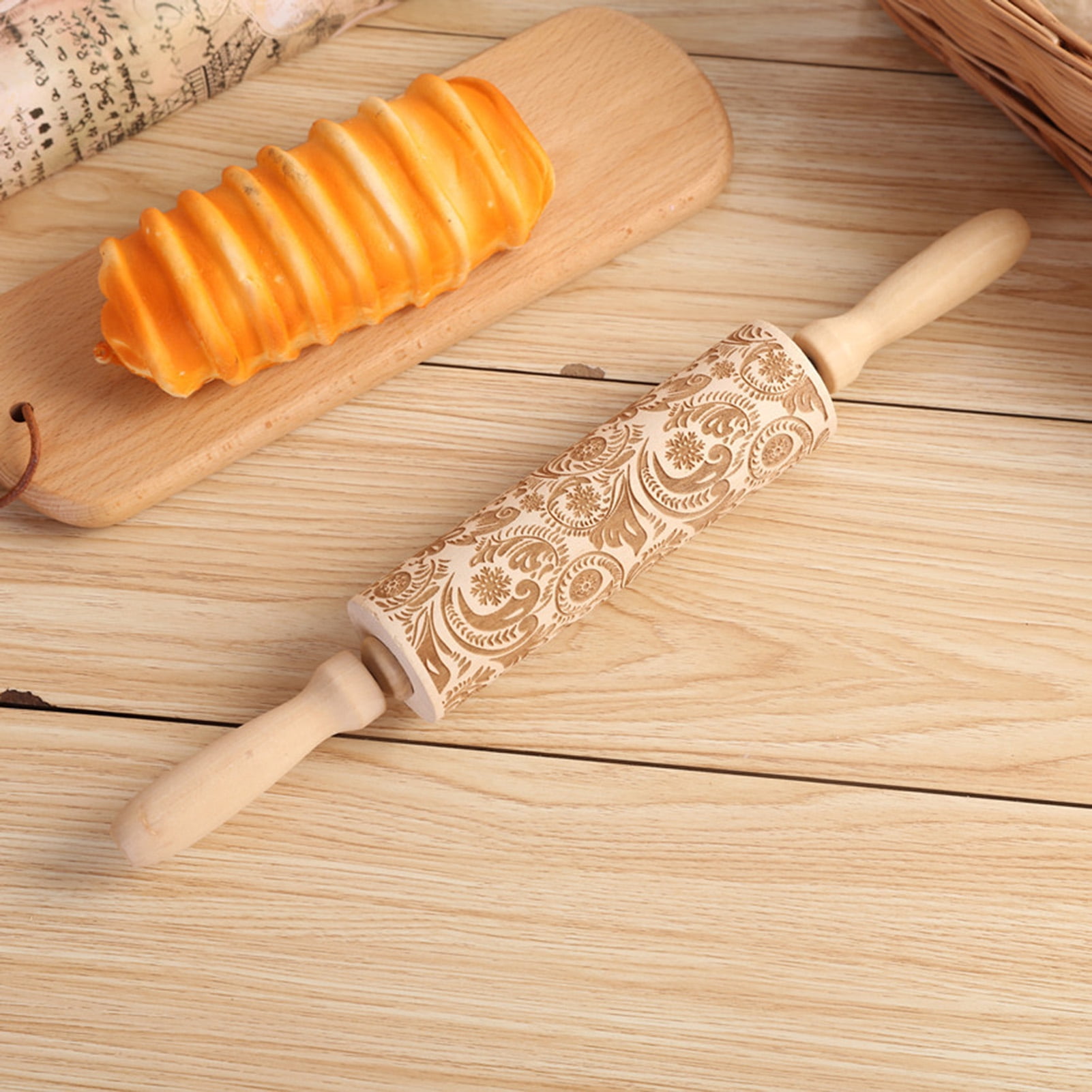 Embossing engraved dough roller for cookies Wooden Rolling pin Flower pattern 