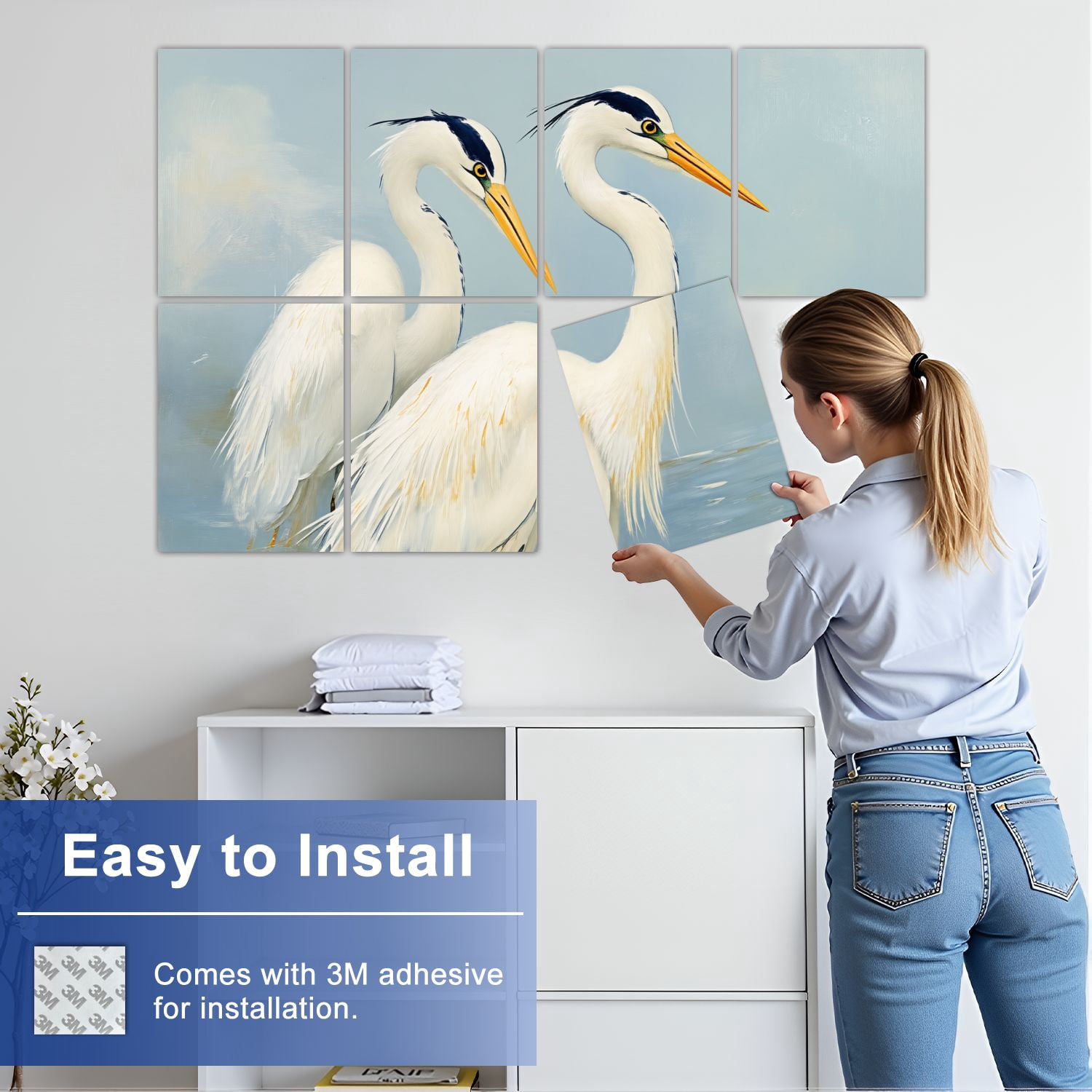8 Pack Art Acoustic Panels Sound Absorbing Elegant Pair White Herons Blue Decorative Soundproof Wall Panels Self Adhesive for Nursery Game Room Bedroom 48"x32"