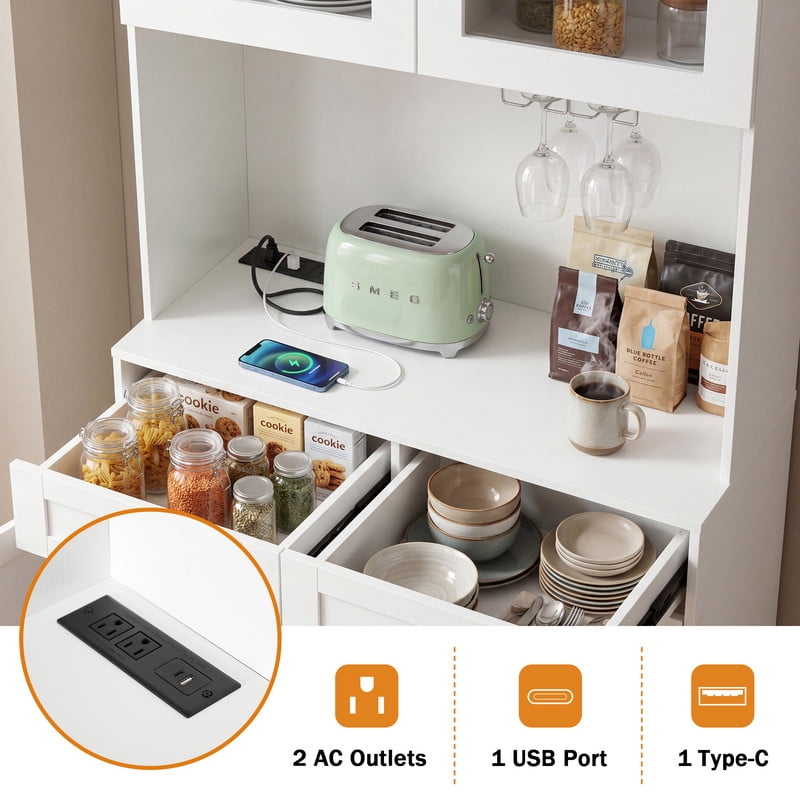 Farmhouse Arched Kitchen Storage Pantry with Charging Station on Open Countertop, Coffee Bar Cabinet with Adjustable Shelf