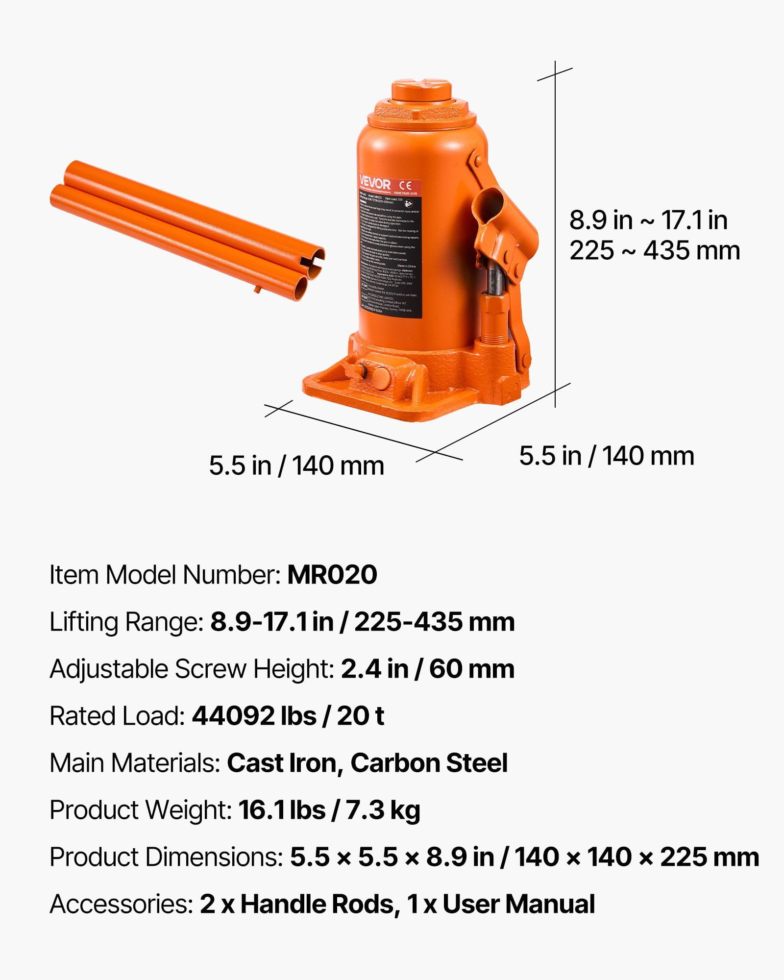 CAFORKP 20 Ton Hydraulic Bottle Jack, 44092 lbs Capacity, 8.9-17.1 Inch Lift Range, Heavy Duty Welded Design for Cars, SUVs, Pickups, Agricultural Equipment & House Lifting - Orange