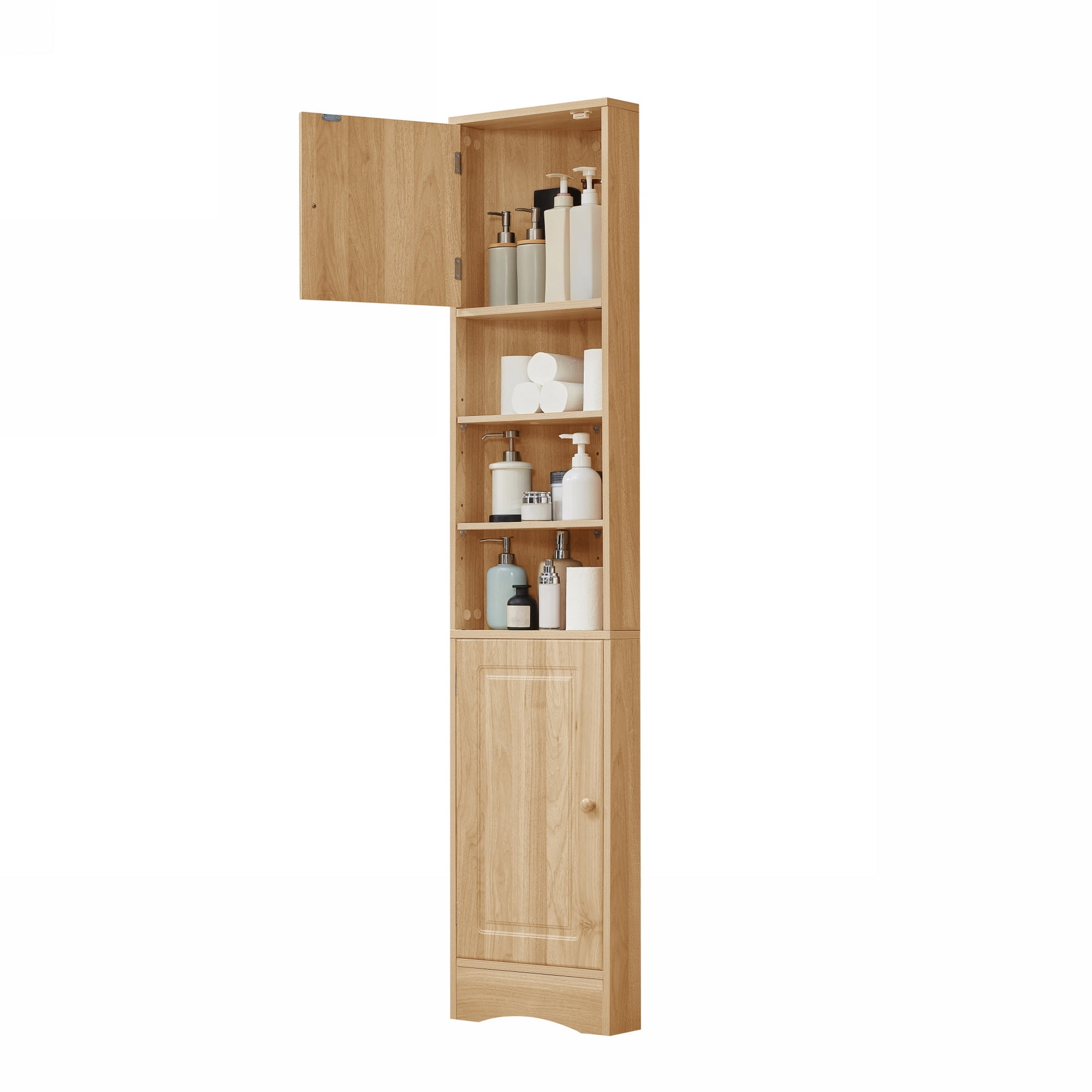 Leumius Multi-Functional Corner Bathroom Storage Cabinet with Two Doors, Adjustable Shelves, Open Shelf, Triangle Space-Saving Design, Natural Finish