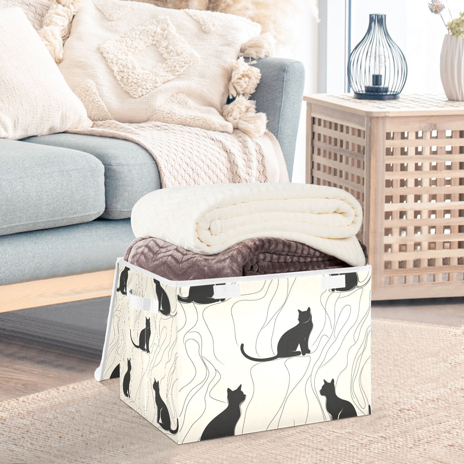 Black Cats Lines Storage Basket for Shelves Foldable Container Organizer for Organizing Toys Clothes Books with Handles