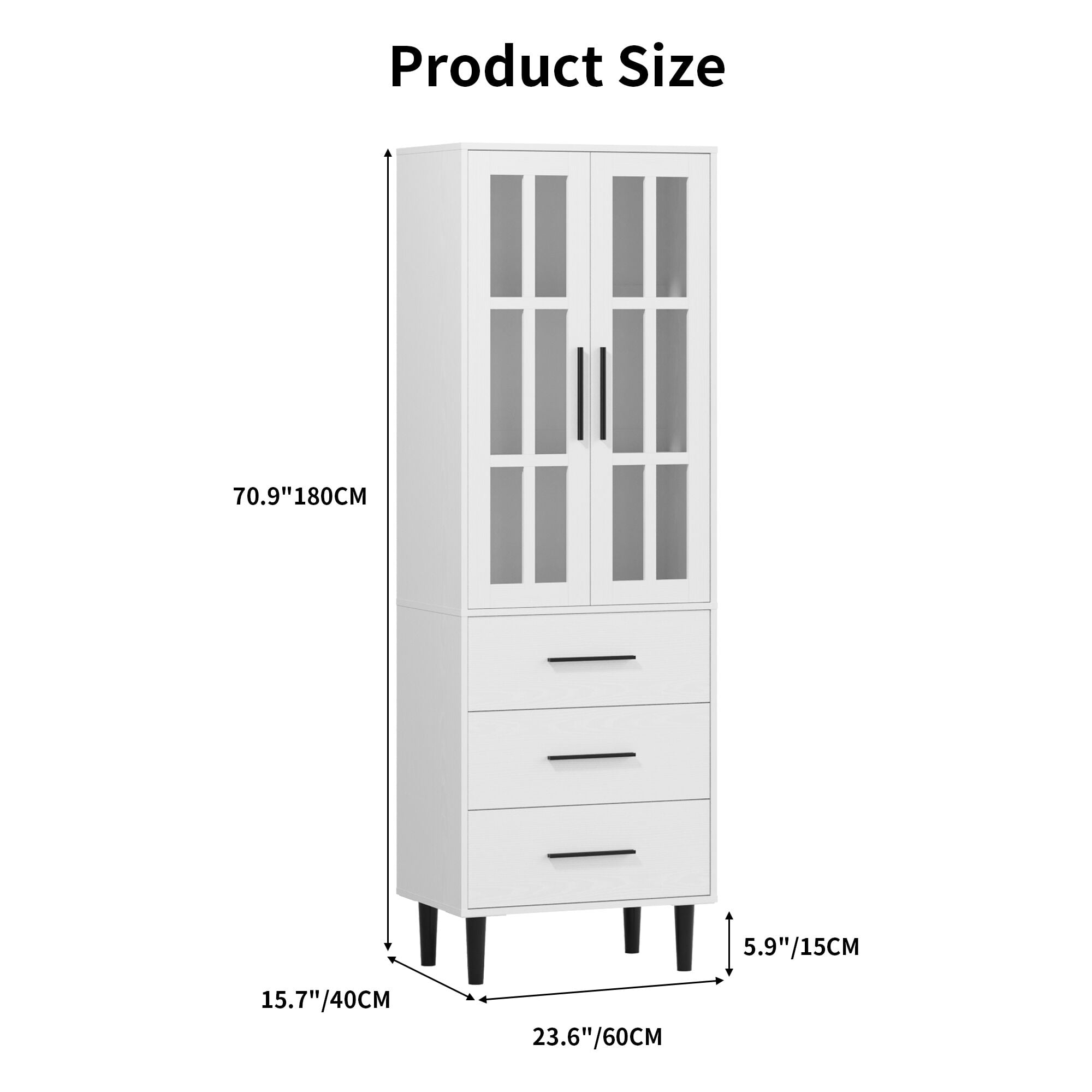 RichYa 71"H Tall Bookcase with Drawers,2 Doors Display Bookshelf with Metal Legs,6 Tier Storage Cabinets for Living Room,Home Office,White(B)