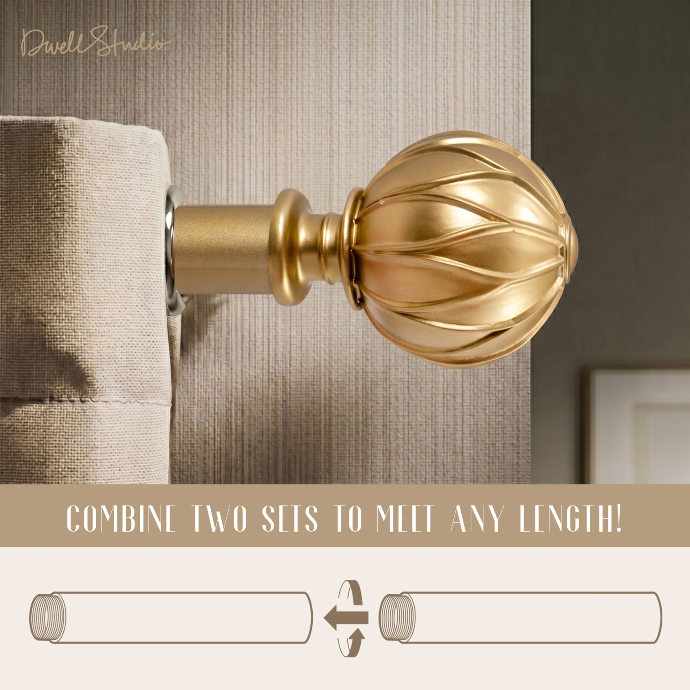 Dwell Studio, Cutomizable Curtain Rods, 3/4" Iron Material, 20 inch-120 inch Kit, Satin Brass
