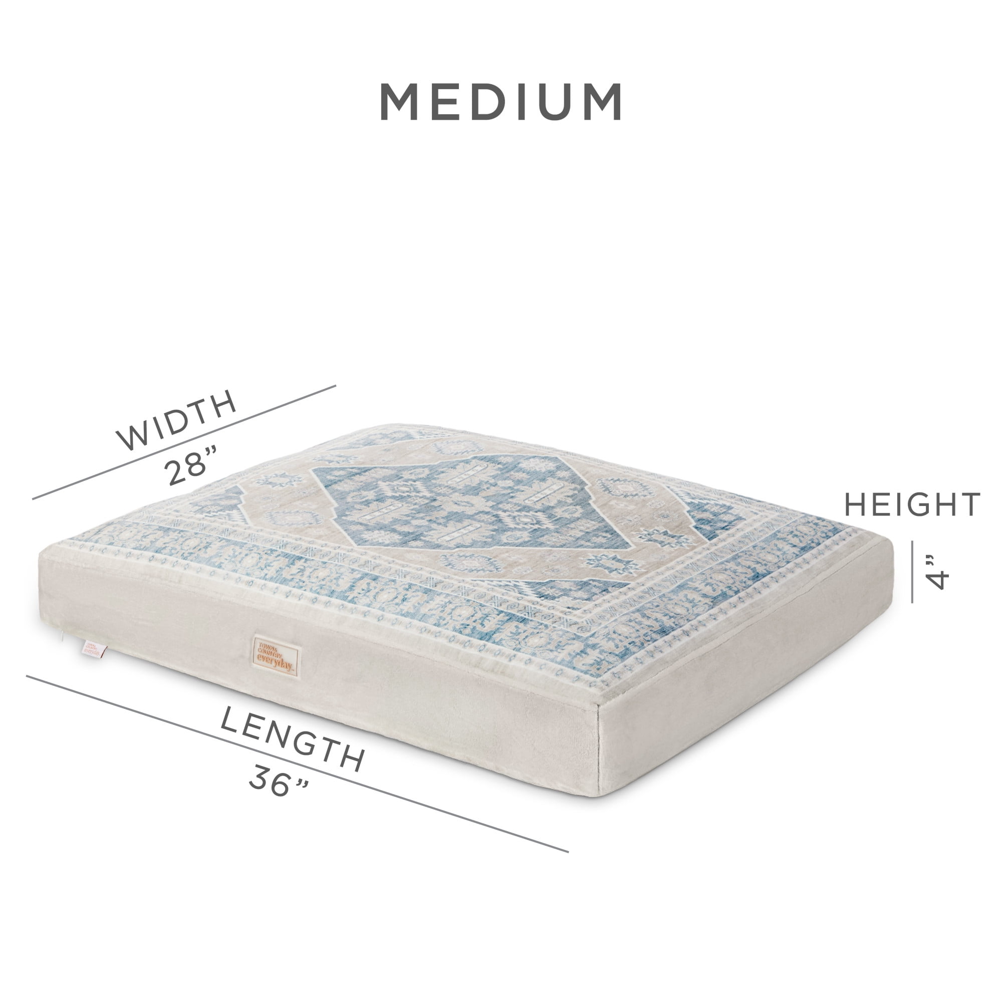TOWN & COUNTRY EVERYDAY CuddleTown Medallion Everwash® Pillow Pet Bed, Water Repellent Floor Pillow, Machine Washable Cover, Soft & Calming, Blue/Greige, Medium 36"x28"x4"