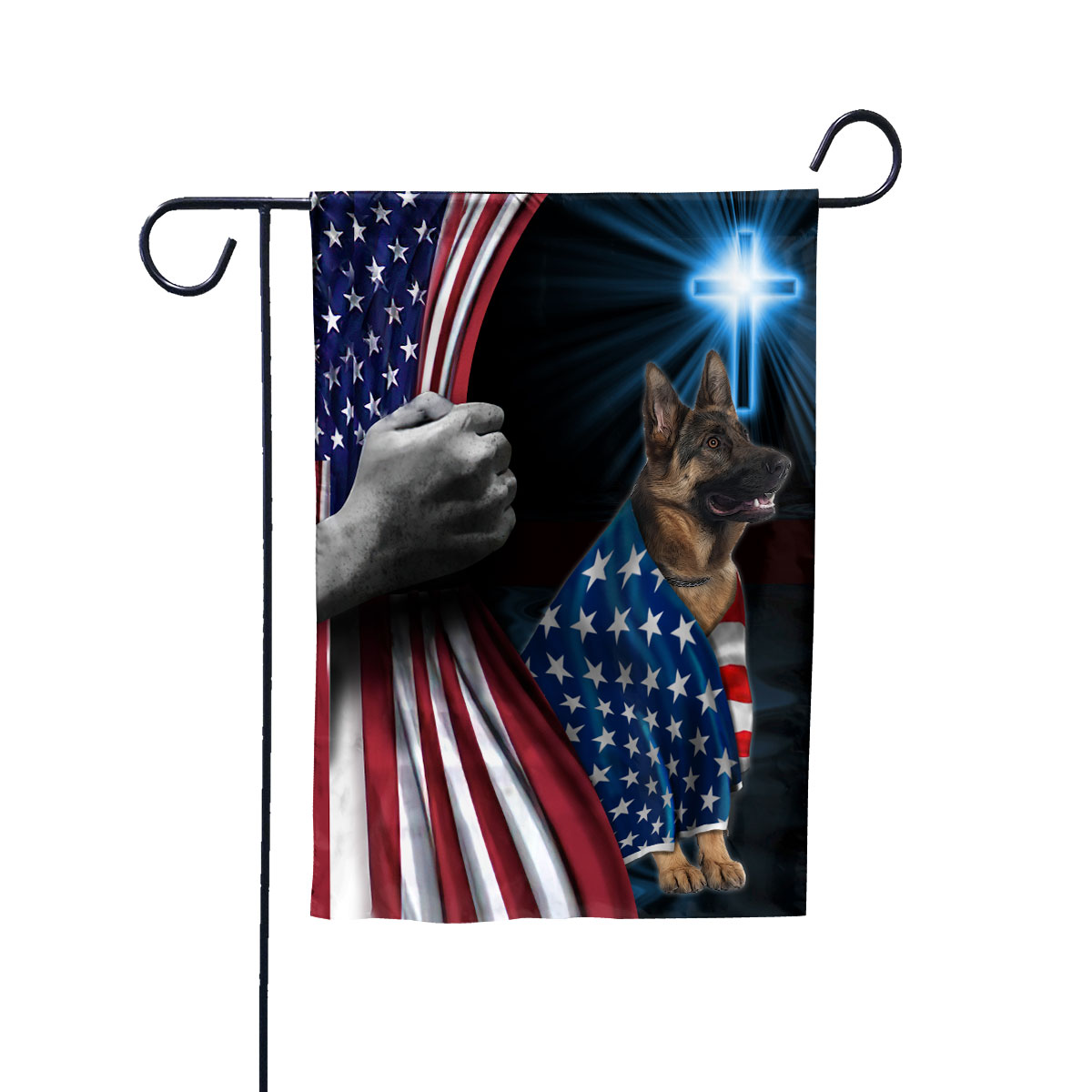 Hand Pulling USA Flag German Shepherd Dog Wearing Flag American Standing under Cross Christian Patriotic House Flag (3x5) Double Sided- Premium Polyester-Decorative Indoor Outdoor Flag