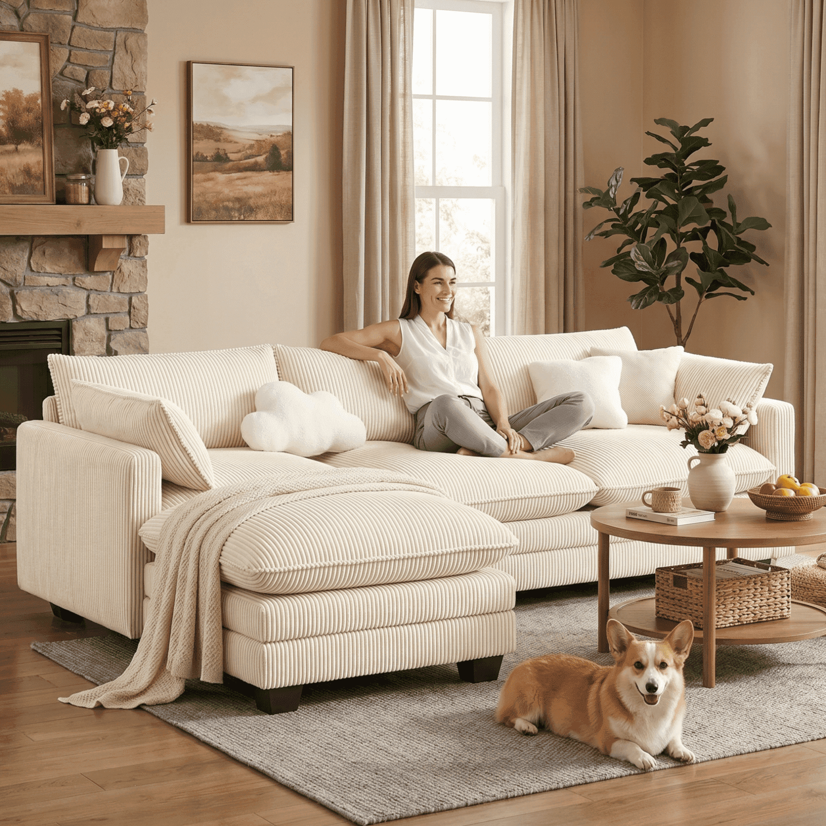 110'' Oversized L Shaped Corduroy Cloud Couches with Ottoman and Washable Cover for Living Room, Modern 4 Seater Cloud Sofa with Comfy Deep Seat and Throw Pillows for Apartment, Beige