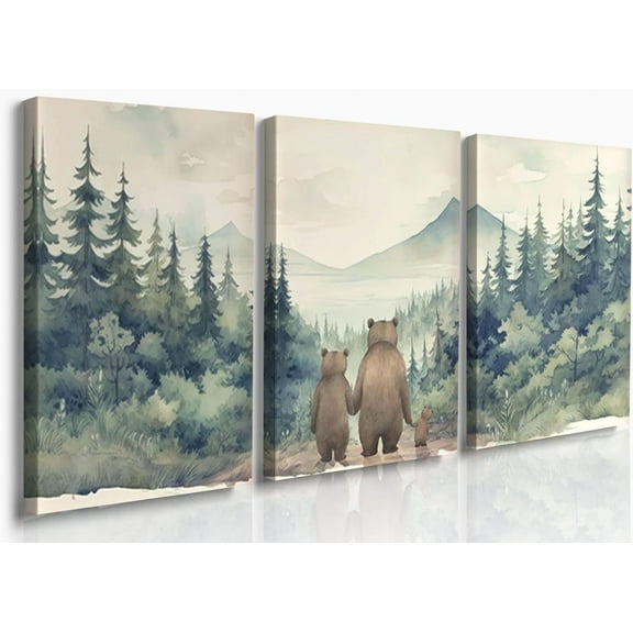 Hieng Baby Boy Nursery Wall Decor,Forest Animal Fox Bear Wall Hieng Set of 3 Boy Adventure Toddler Room Nursery Decor,Watercolor Mountain Forest Nature Woodland Painting Pictures for Bedroom