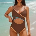 thumbnail image 3 of Efsteb Swimsuits for Women 2025 Bathing Suit for Women Color Block Cut Out V Neck Swimsuit Slim Stretchy Slim Fit Spaghetti Strap Swimwear (Brown,L), 3 of 5