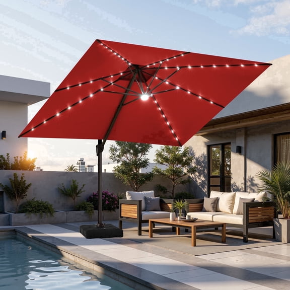 Crestlive Products Square Solar LED Cantilever Umbrella, 11FT, Includes 350lbs Umbrella base with Wheels, 360-degree Rotating, Black