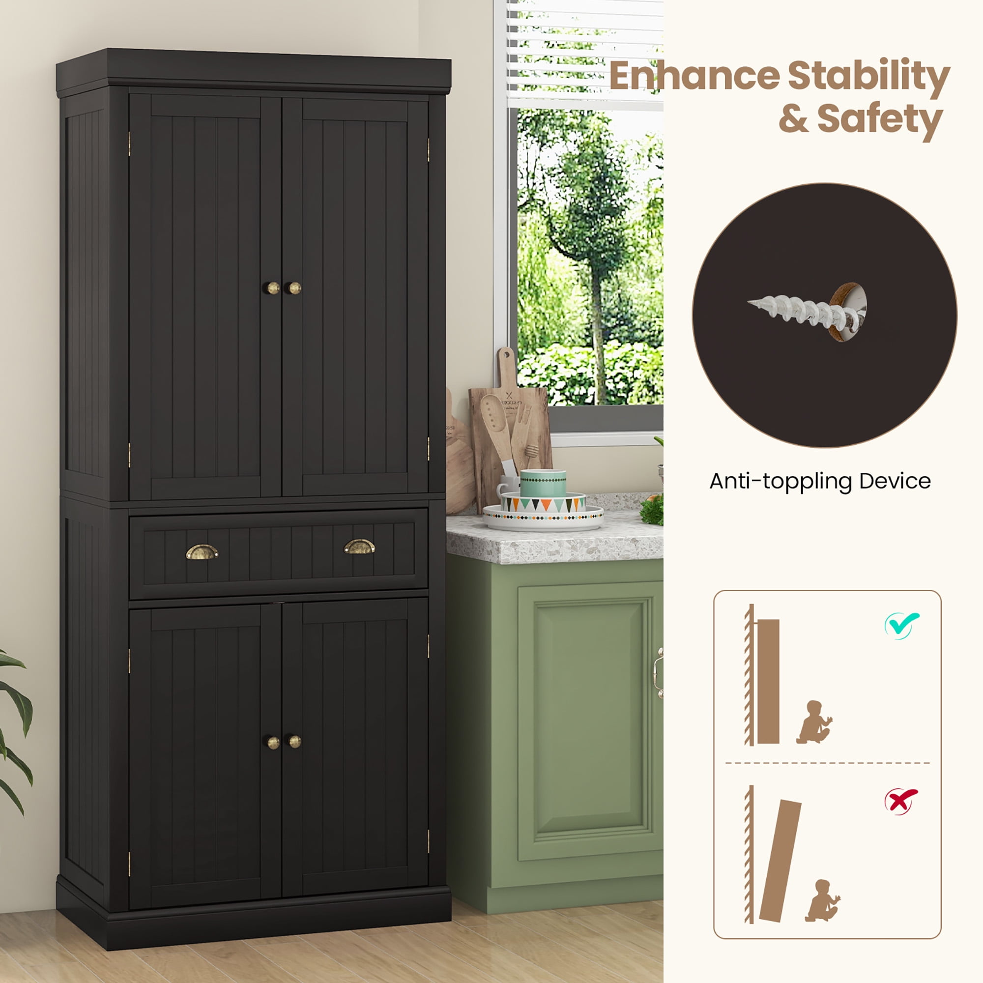 Gymax 72'' Kitchen Pantry Storage Cabinet Tall Freestanding Cupboard w/ 4 Doors Large Drawer Brown
