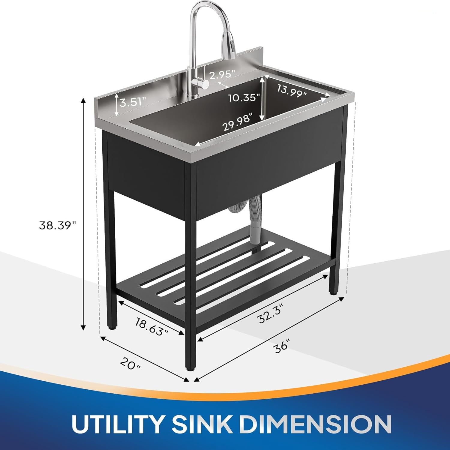Ktaxon Stainless Steel Utility Sink, Free Standing Sink with Faucet, Perfect for Laundry Room, Kitchen, Restaurant, Garage, Backyard, 20"D x 36"W x 38"H