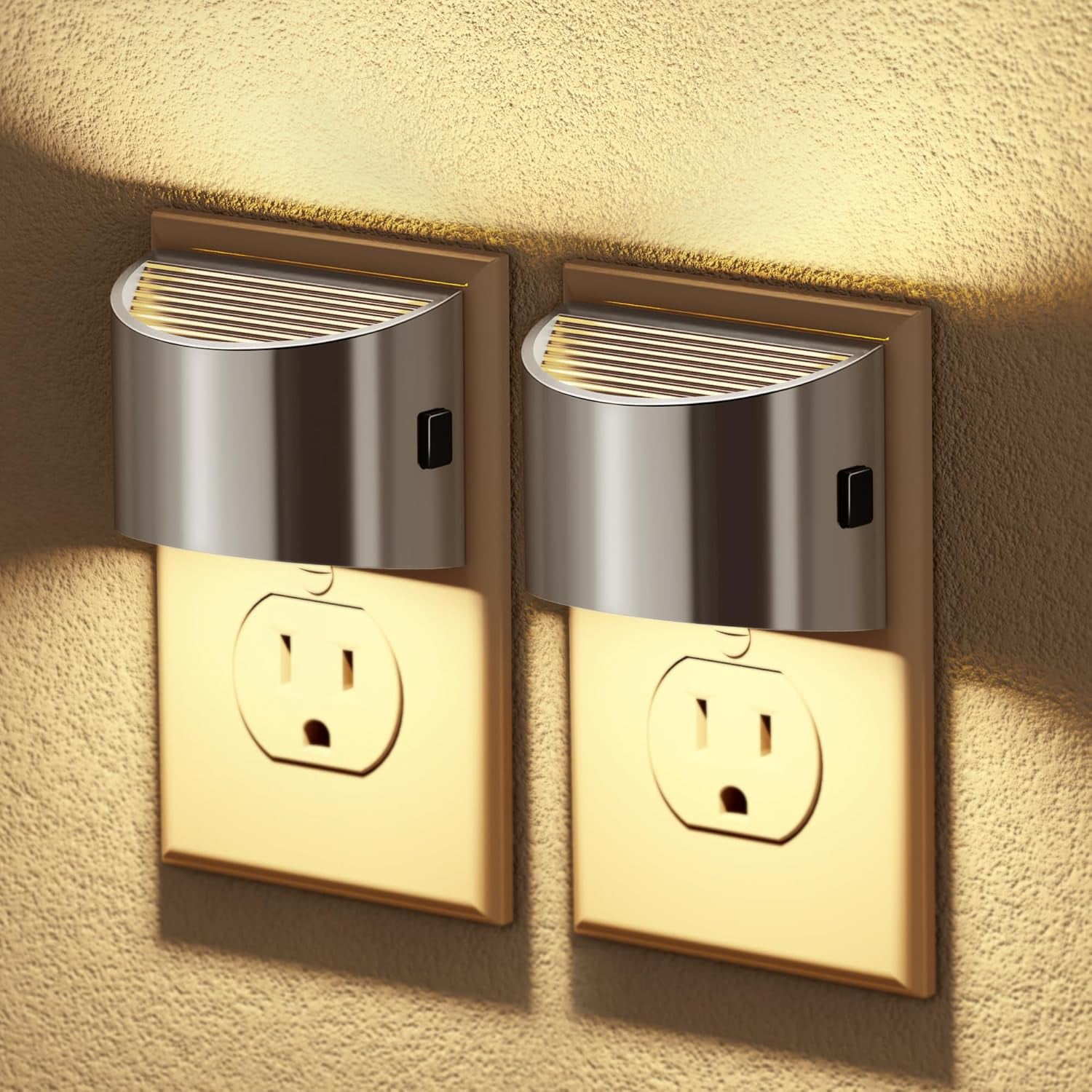 RGHJAR-LED Night Lights Plug into Wall, 2 Pack Modern Night Lights, Dusk to Dawn Sensor Nightlight, 0-100LM Brightness Adjustable, 3000K Soft White(Silver)