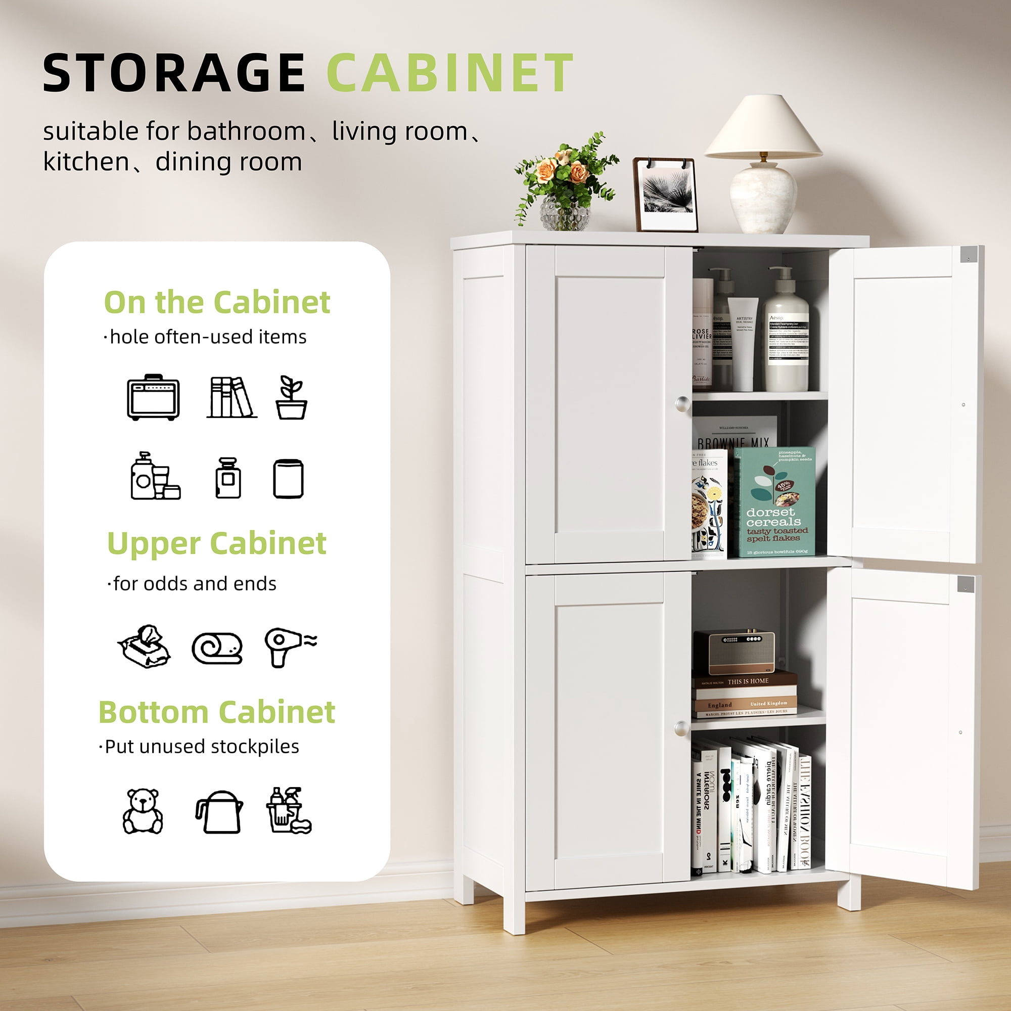 Walsunny Freestanding Bathroom Floor Storage Adjustable Shelf with 4 Doors 43" Wooden Pantry Cabinet for Kitchen Small Spaces，White