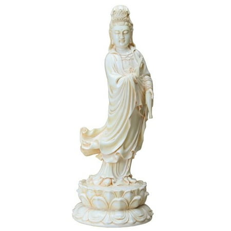 Seated Kuan Yin Statue - 13 Inch Cream Toned Cold Cast Resin
