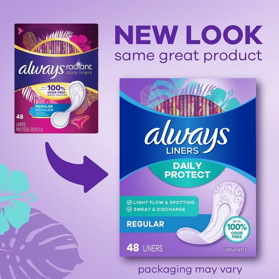 Always Daily Protect Panty Liners, Regular Length, Unscented, (2 pack of 48 Count)