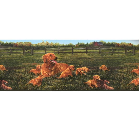 CONCORD WALLCOVERINGS Golden Retriever TM Bordure de Papier Peint avec Mère et Chiots Chiens Paysage Champ et Clôture Rustique Vert et Marron 13,5 Pouces par 15 Pieds HB2032B