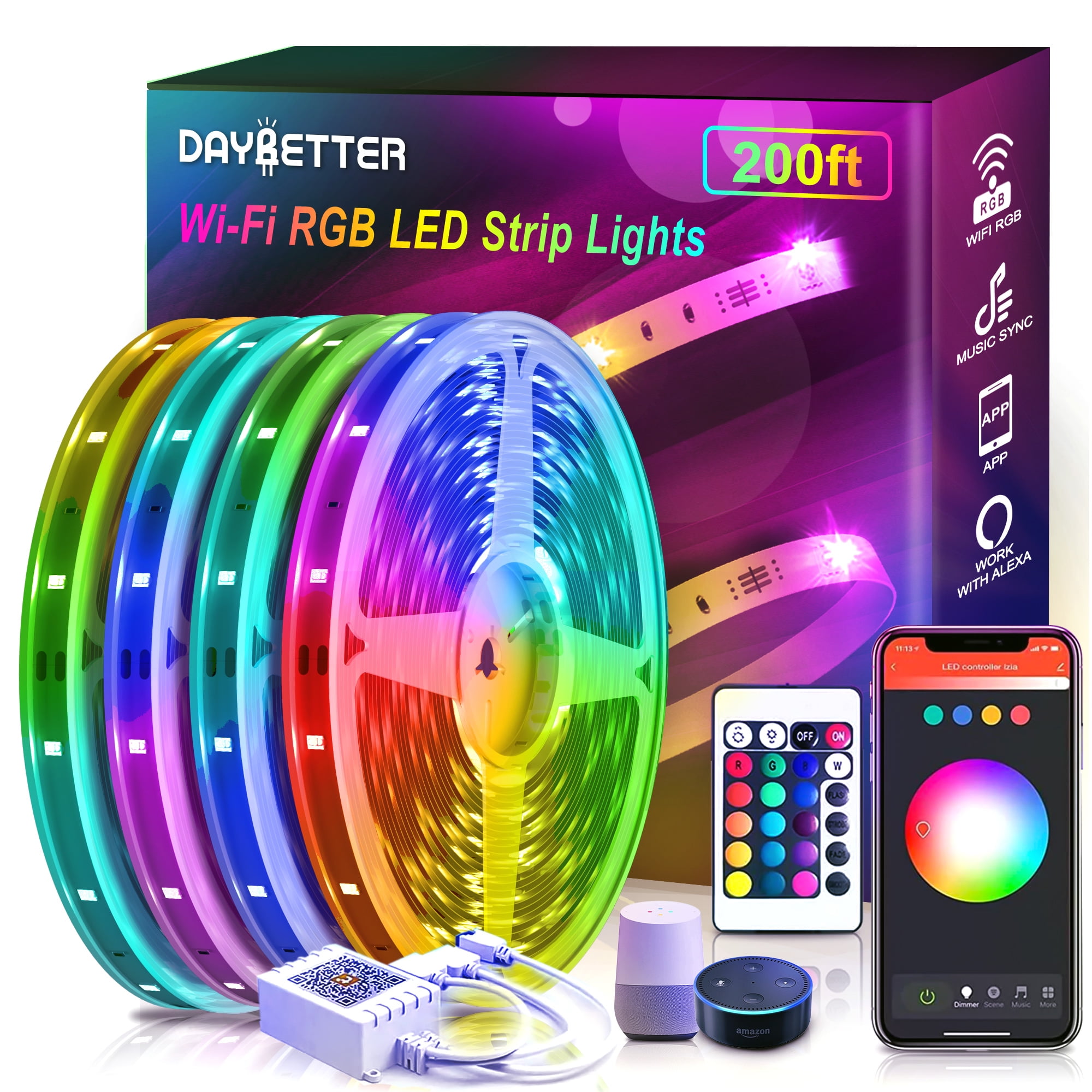 Daybetter 50Ft Led Strip Lights,Rgb 5050 Led Lights Work With Google  Assistant, Flexible, Timer Schedule,Color Changing Light Strips For Bedroom  - Walmart.Com