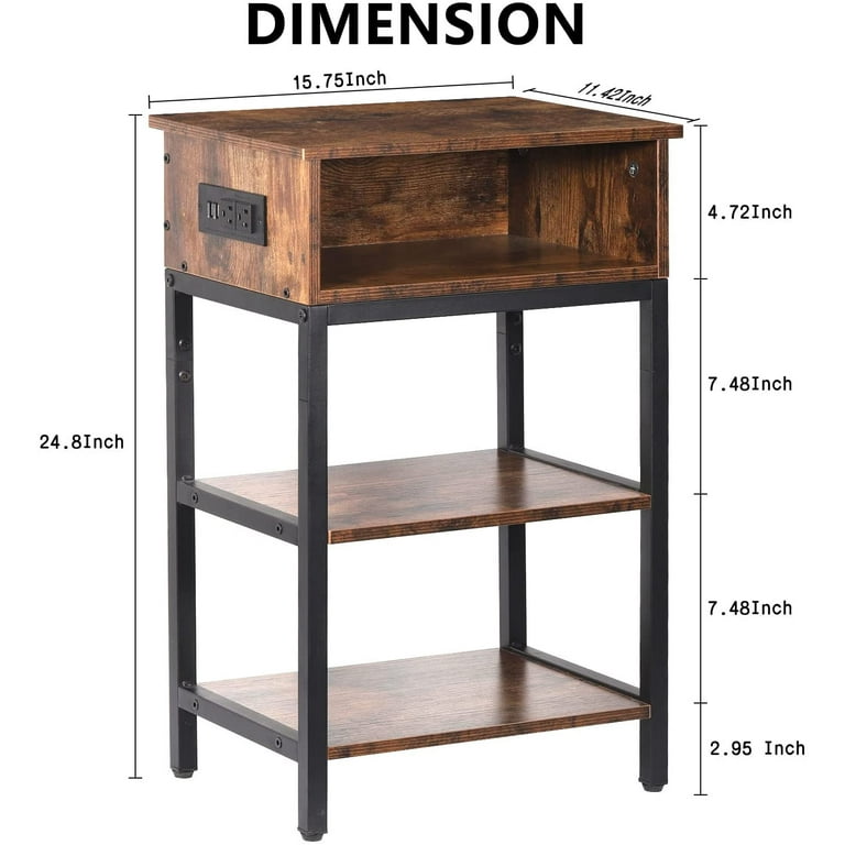 Oumilen Western Home 24.8" End Table 3 Layers with Charging Station, Rustic Burnt Wood