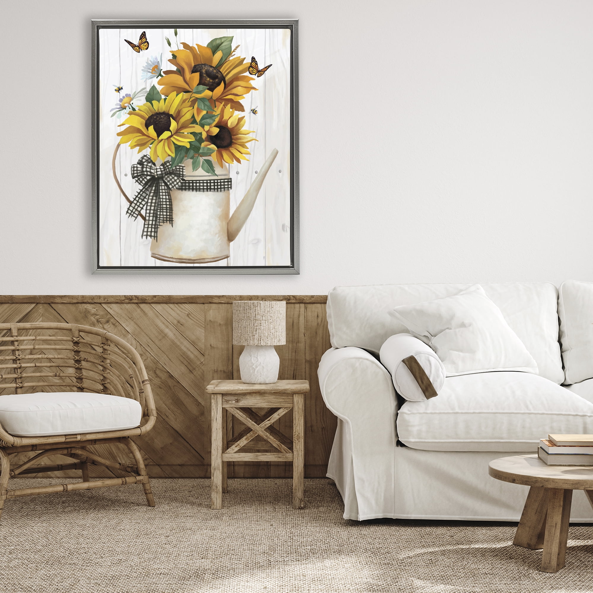 Stupell Industries Sunflower Trio in Watering Can Gray Framed Floater Canvas Wall Art, design by Lucca Sheppard