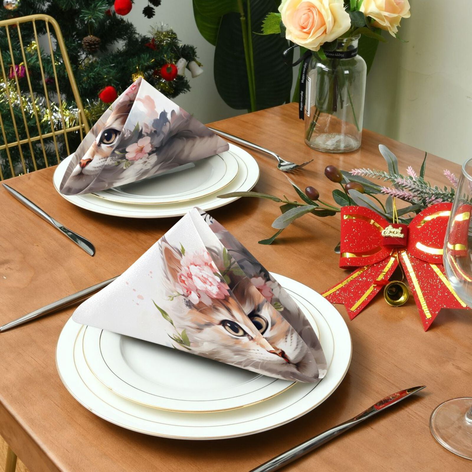 JSTEL Cat Kitten Rose Flowers Cloth Napkins Set of 6, 20x20 Inch Washable and Reusable Napkin for Decoupage Dinner Party Everyday Use