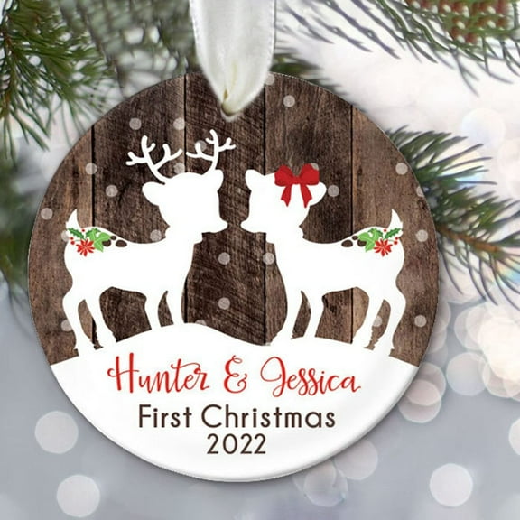 Our First Christmas Together Ornament, Personalized Deer Bust Ornament, Deer Silhouette Ornament, Wood Rustic Deer Art Engagement Gift