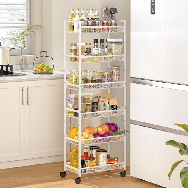 Carrito de Almacenamiento Rodante Delgado de 6 Niveles ThreeHio 26x33x196 cm Blanco