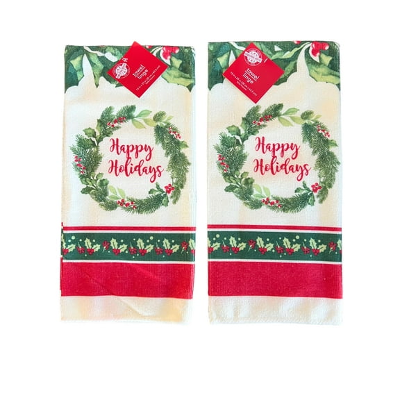 Set of 2 Happy Holidays Kitchen Towels Hand Towels Dish Towels Red and Green Wreath C49